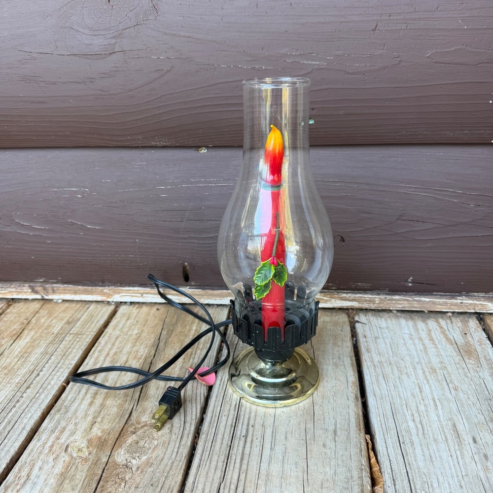Timco Electric Hurricane Candle Lamp Vintage Christmas Red Gold Tone 10.5in